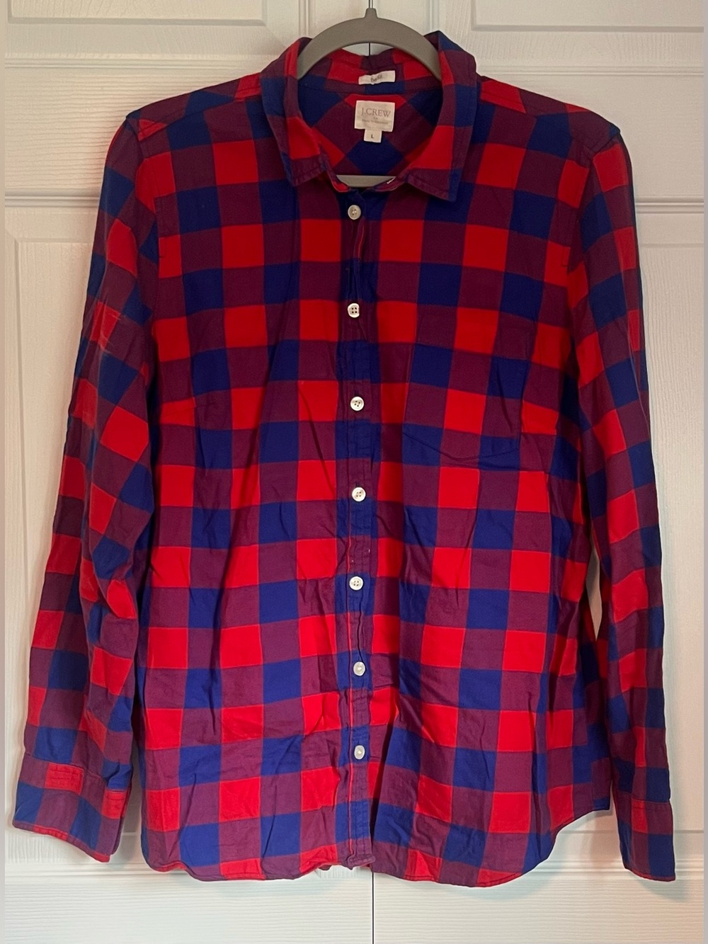 J. Crew Factory "Boy Fit" Red and Blue Buffalo Check Plaid Long Sleeved Top